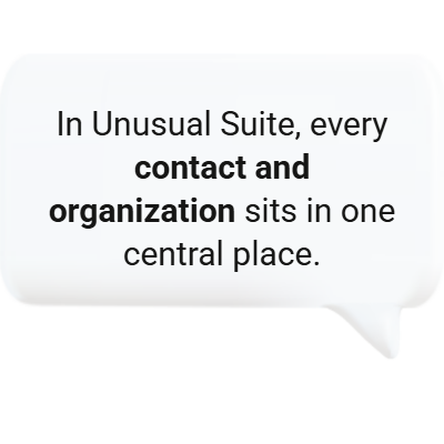 All contacts and organizations in one central place in Unusual Suite, the client management system.