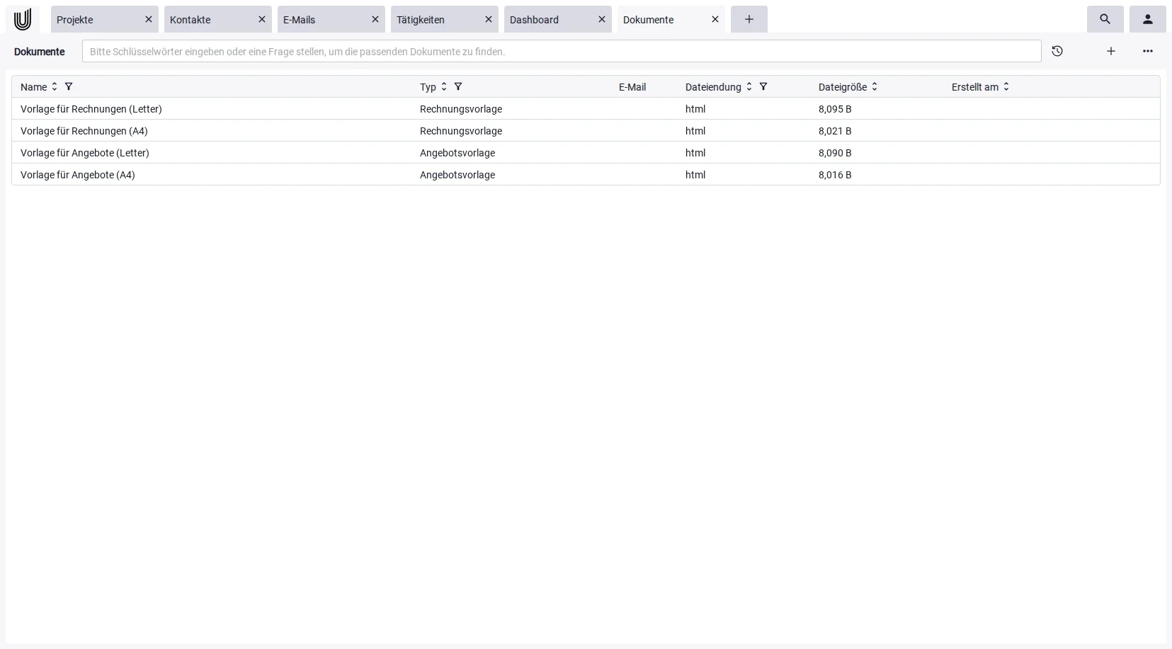 Screenshot der zentralen Dokumentenübersicht im Dokumente-Tab von Unusual Suite mit Power-Grid und Verknüpfungen zu Projekten und Kontakten
