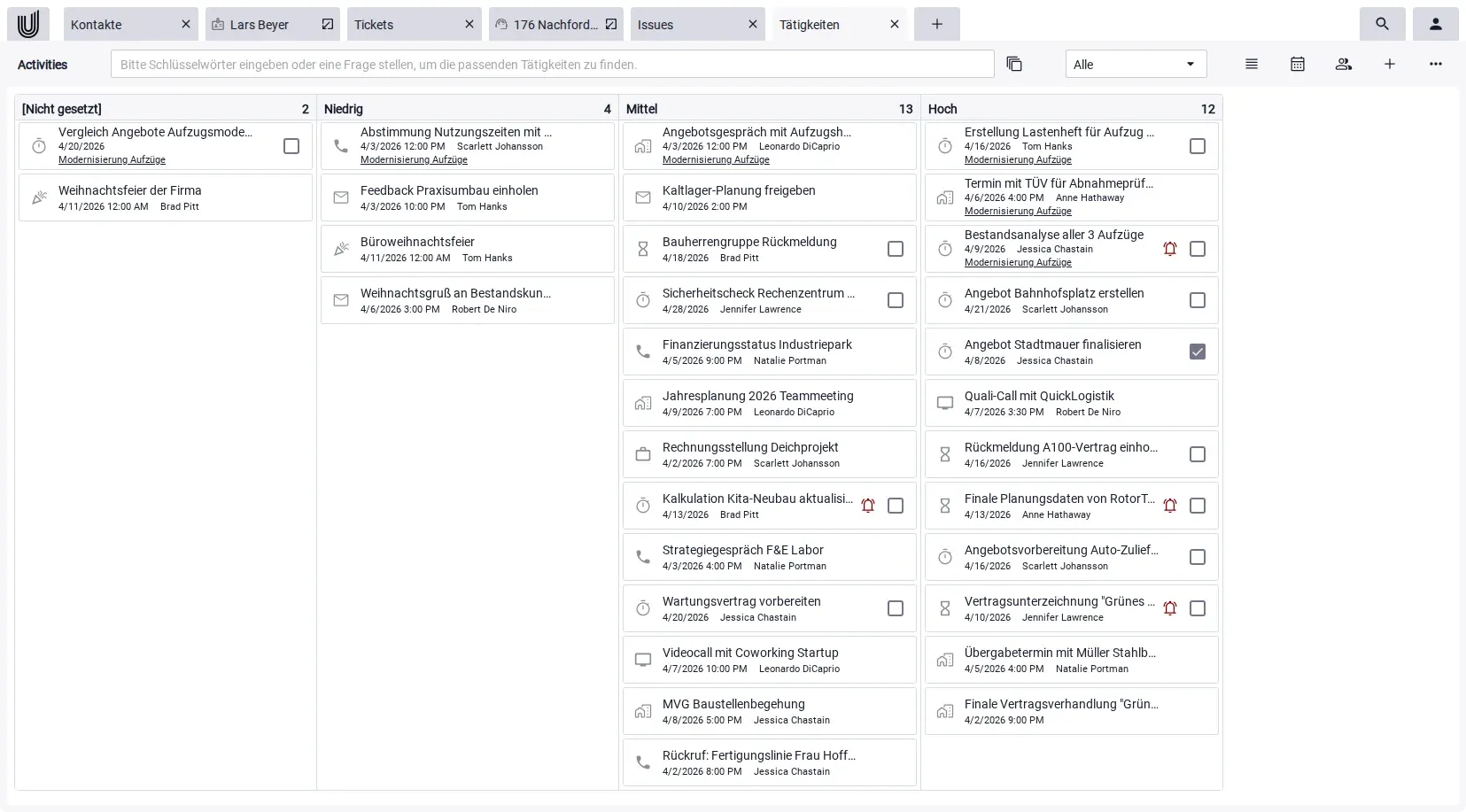 Screenshot eines digitalen Kanban Boards in der Kanban Software Unusual Suite mit Spalten und Aufgabenkarten f&uuml;r T&auml;tigkeiten