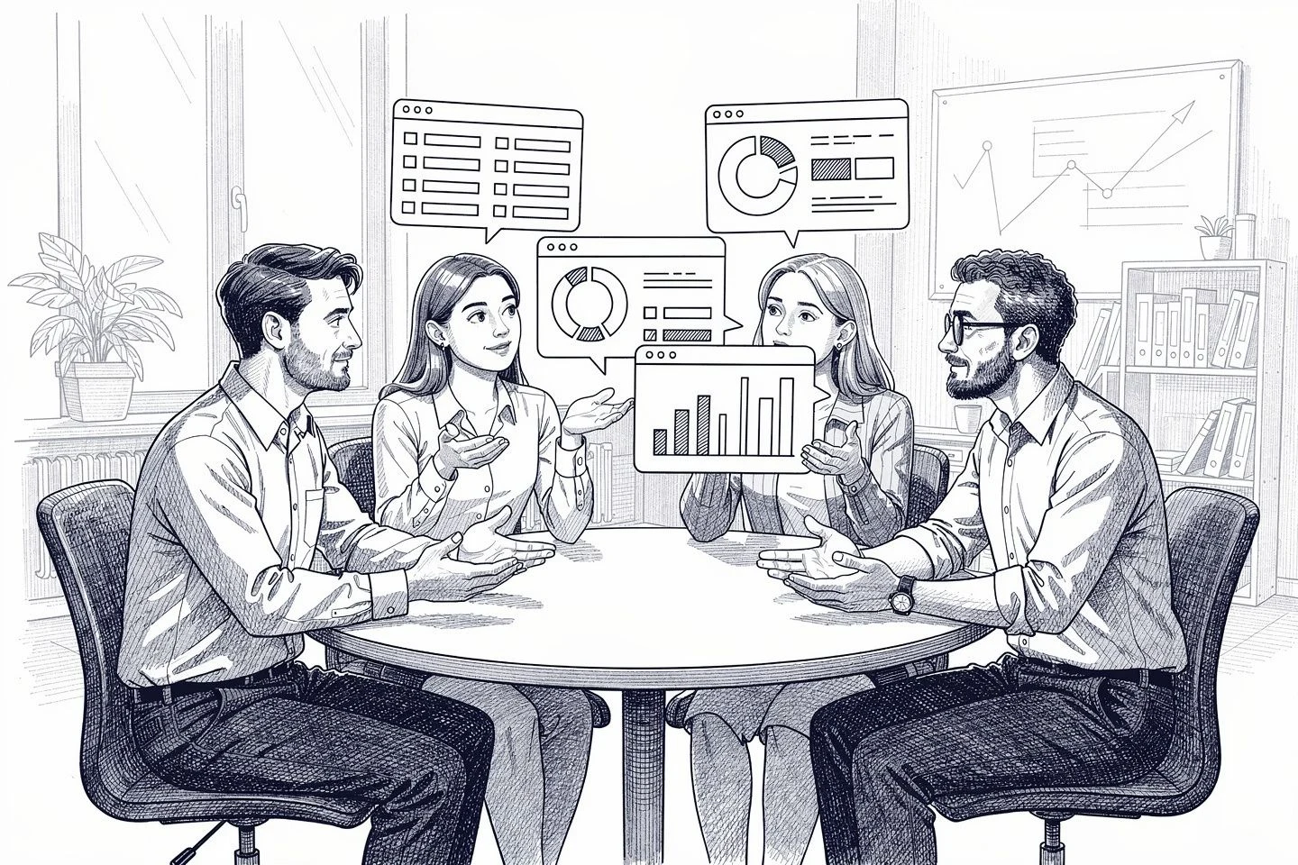 Team eines kleinen Unternehmens wägt verschiedene ERP-Systeme für den Betrieb ab.