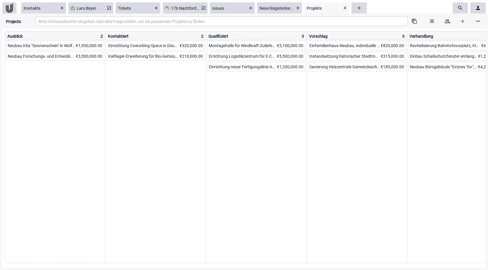 &Uuml;bersicht &uuml;ber den Status verschiedener Projekte im Kanban Board der Unusual Suite