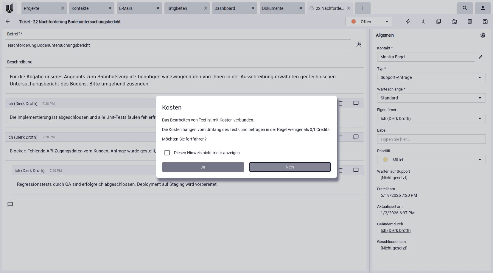 Künstliche Intelligenz im Projektmanagement schlägt automatische Ticket-Antworten vor.