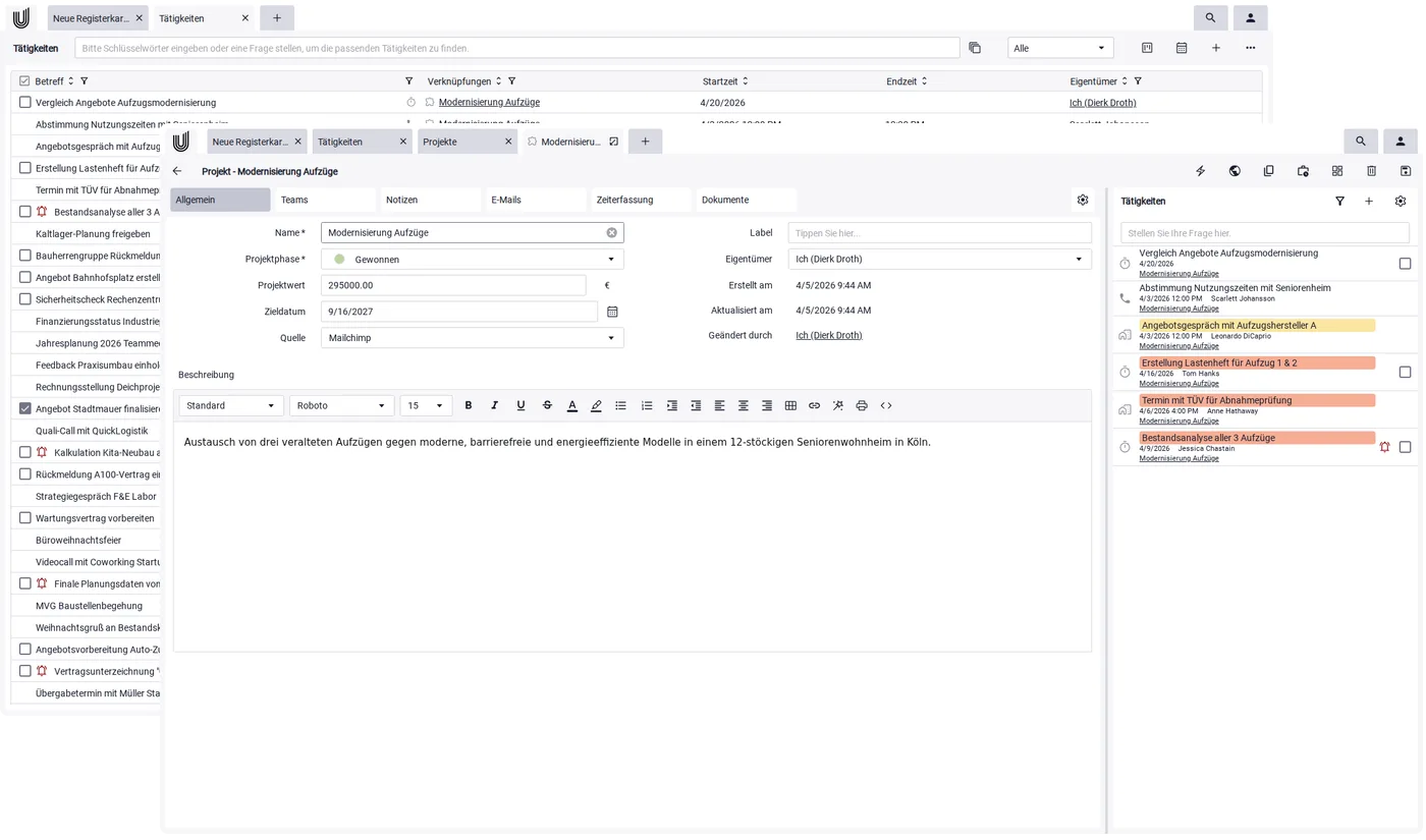 Zentrale Kundenübersicht mit Kontakten und Projekten im CRM für Dienstleister Unusual Suite.