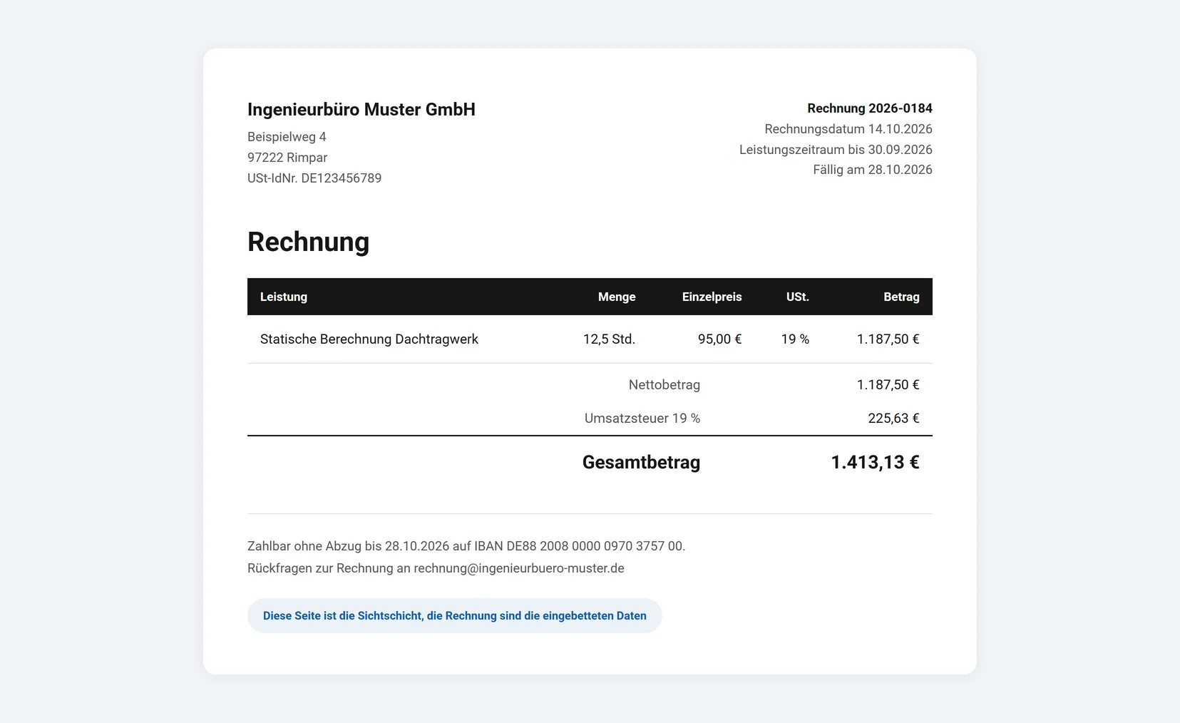 Sichtbare Seite einer ZUGFeRD Beispielrechnung eines Ingenieurbüros über 1.413,13 Euro mit Position, Steuer und Endbetrag