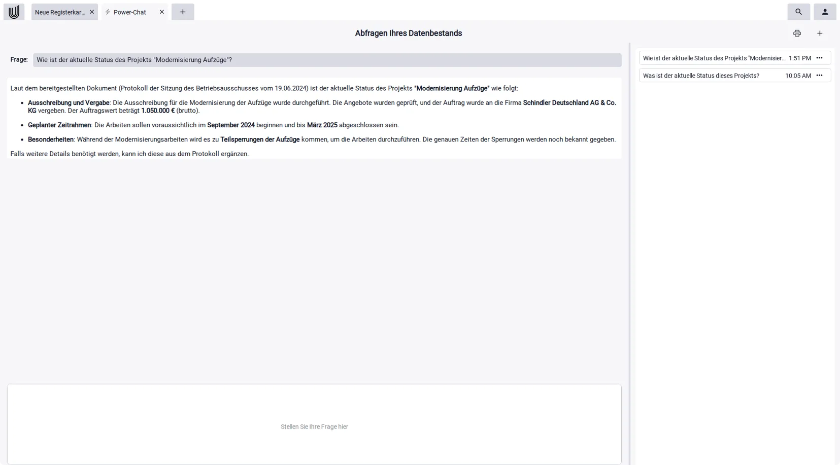 Software für Wissensdatenbank: Power-Chat beantwortet eine Frage mit Quellenangabe aus Wiki-Artikeln.