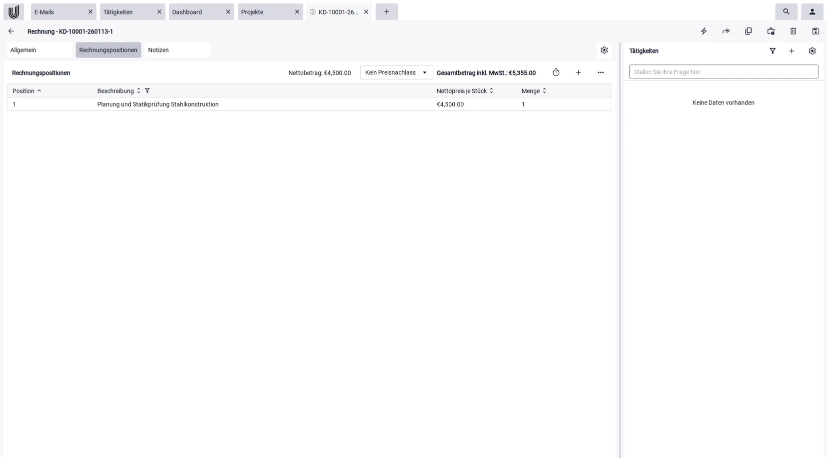 Software zum Rechnungen schreiben: Rechnungspositionen aus Zeiteinträgen eines Projekts in Unusual Suite