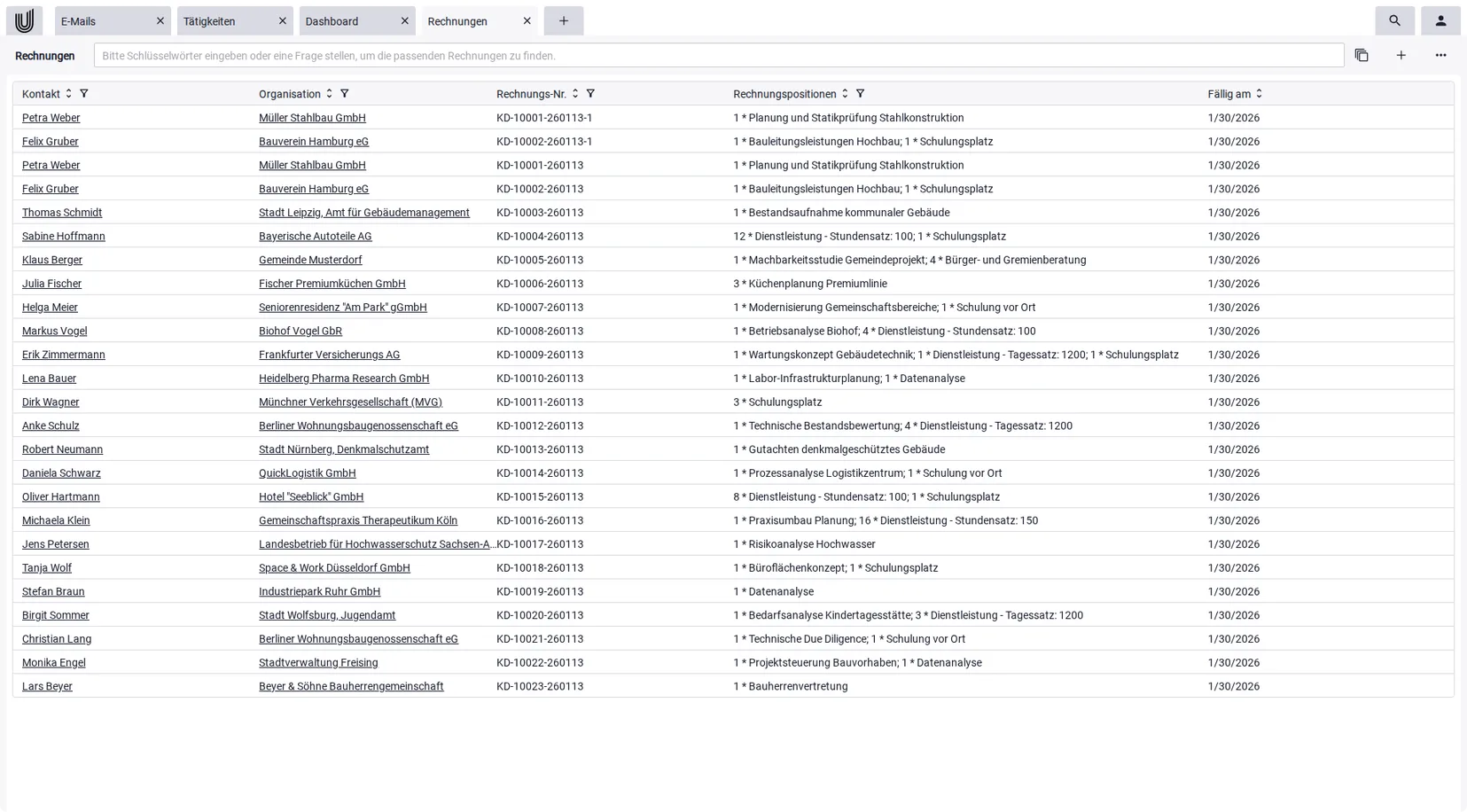 Screenshot der Rechnungsübersicht in Unusual Suite.