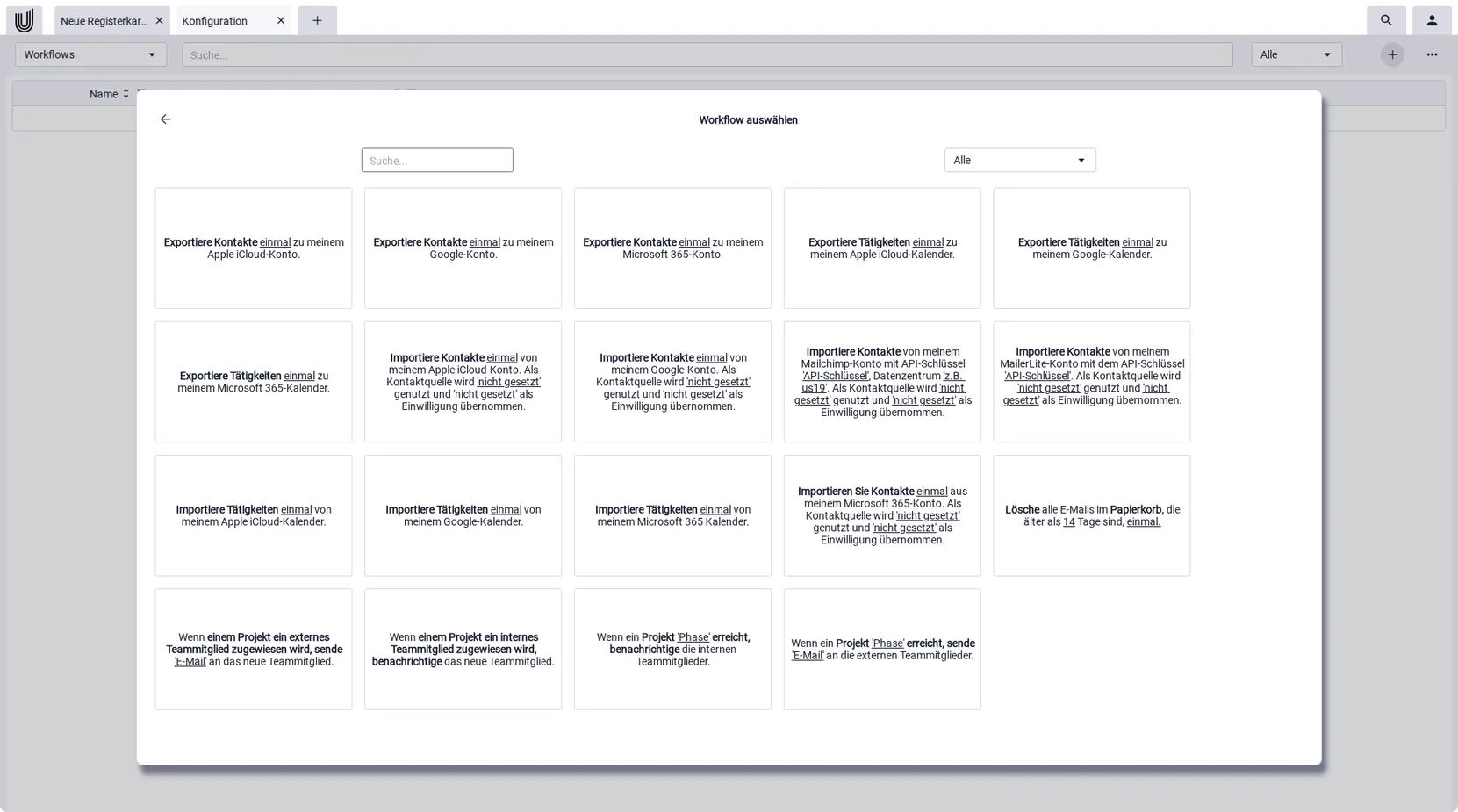Vorlagenauswahl für Import- und Export-Workflows als Beispiel für ein Workflow Management Tool.