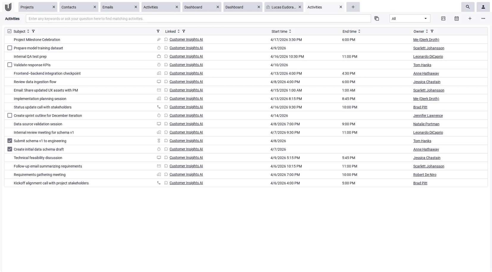 Activities with dates, links, and owners in Unusual Suite contact management software.