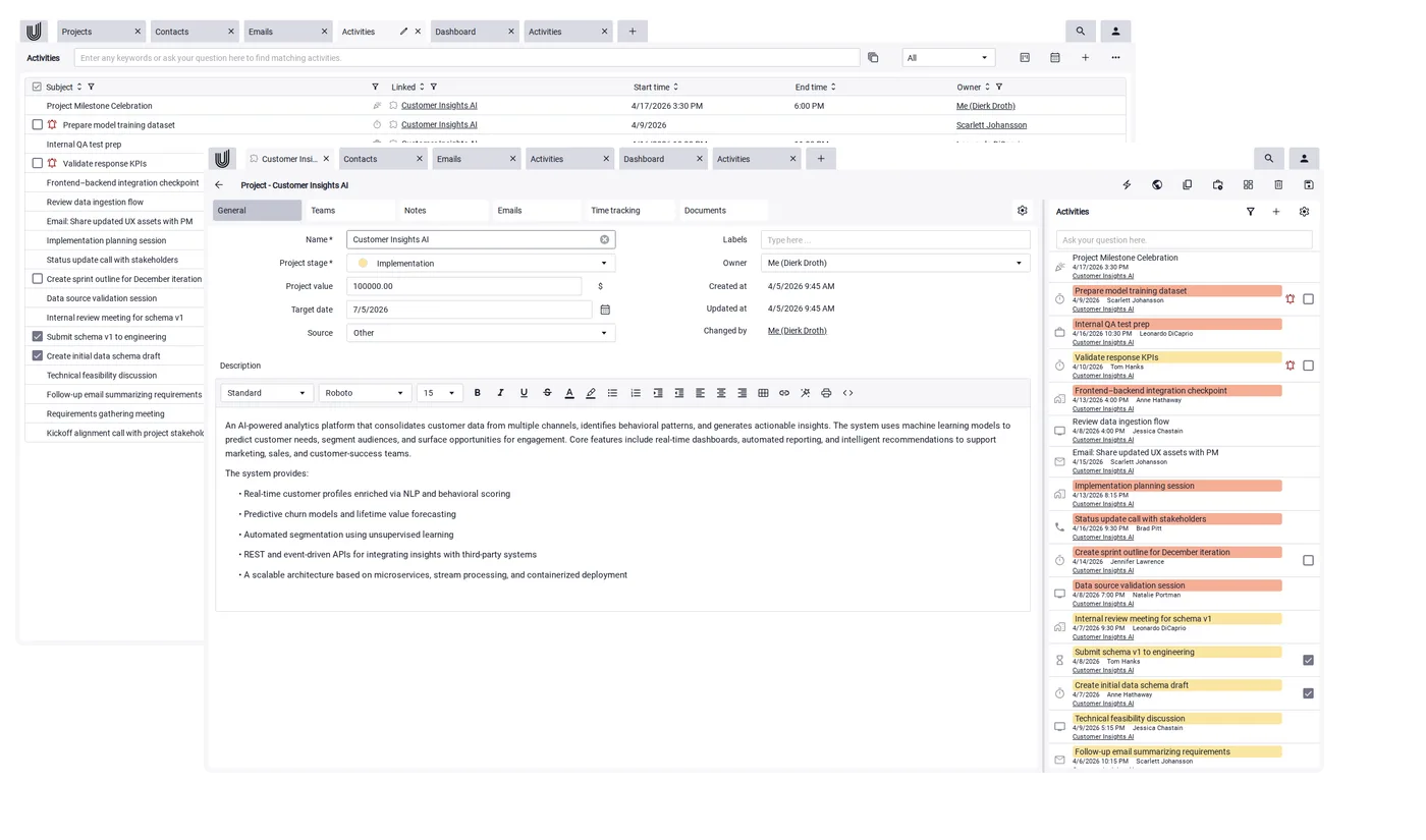 Central client overview with contacts and projects in the Unusual Suite service business CRM.