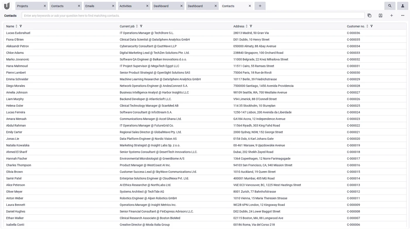 Central contact overview with name, organization, and details in Unusual Suite contact management software.