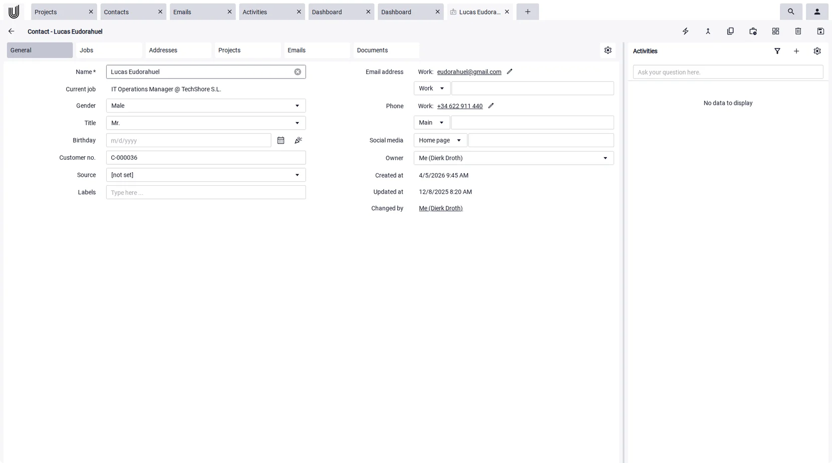 Contact detail with jobs, addresses, and linked projects in Unusual Suite client management software.