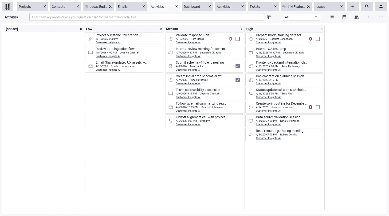Screenshot of a digital kanban board in Unusual Suite kanban software showing status columns and task cards