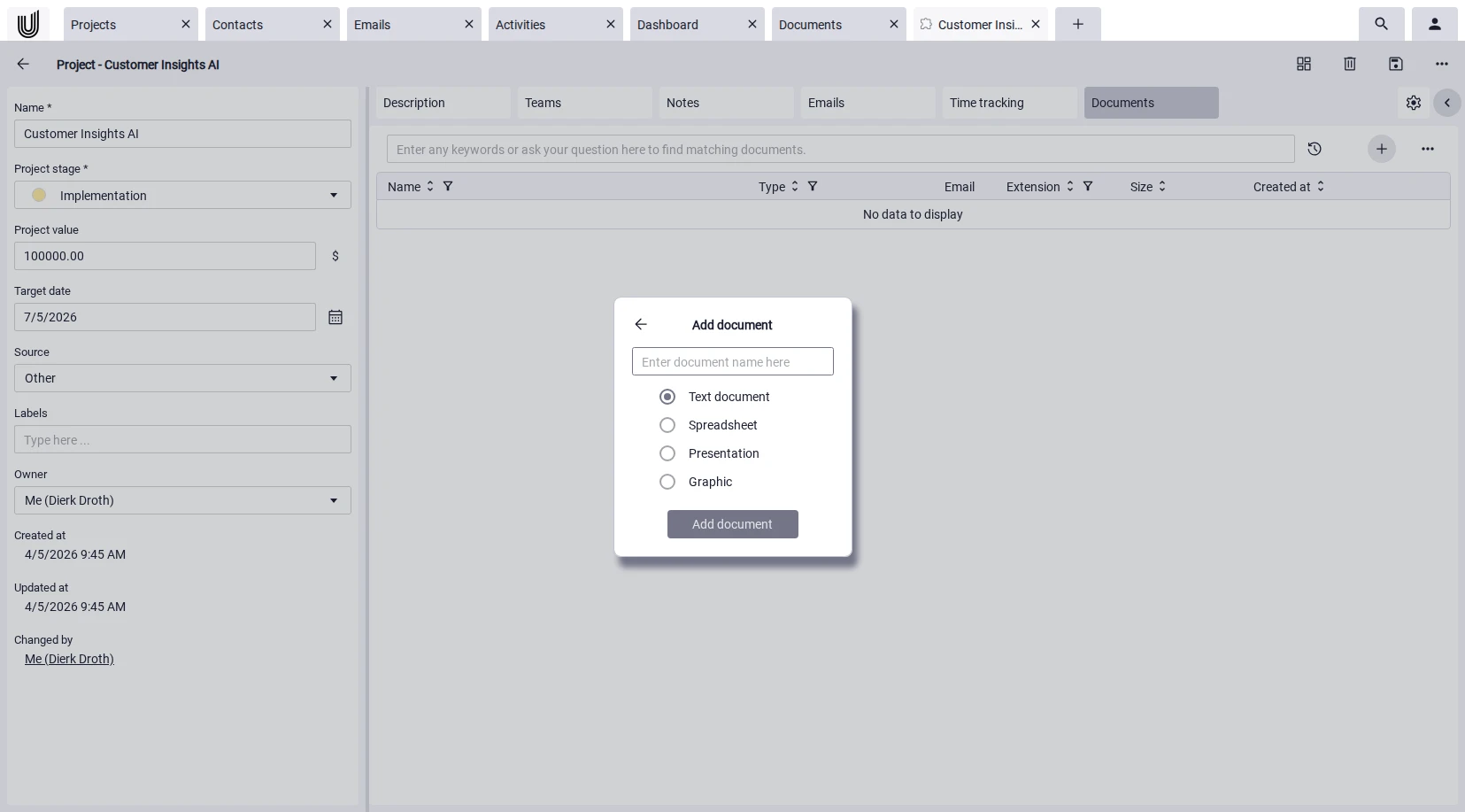 Screenshot of the upload dialog in the document management software Unusual Suite