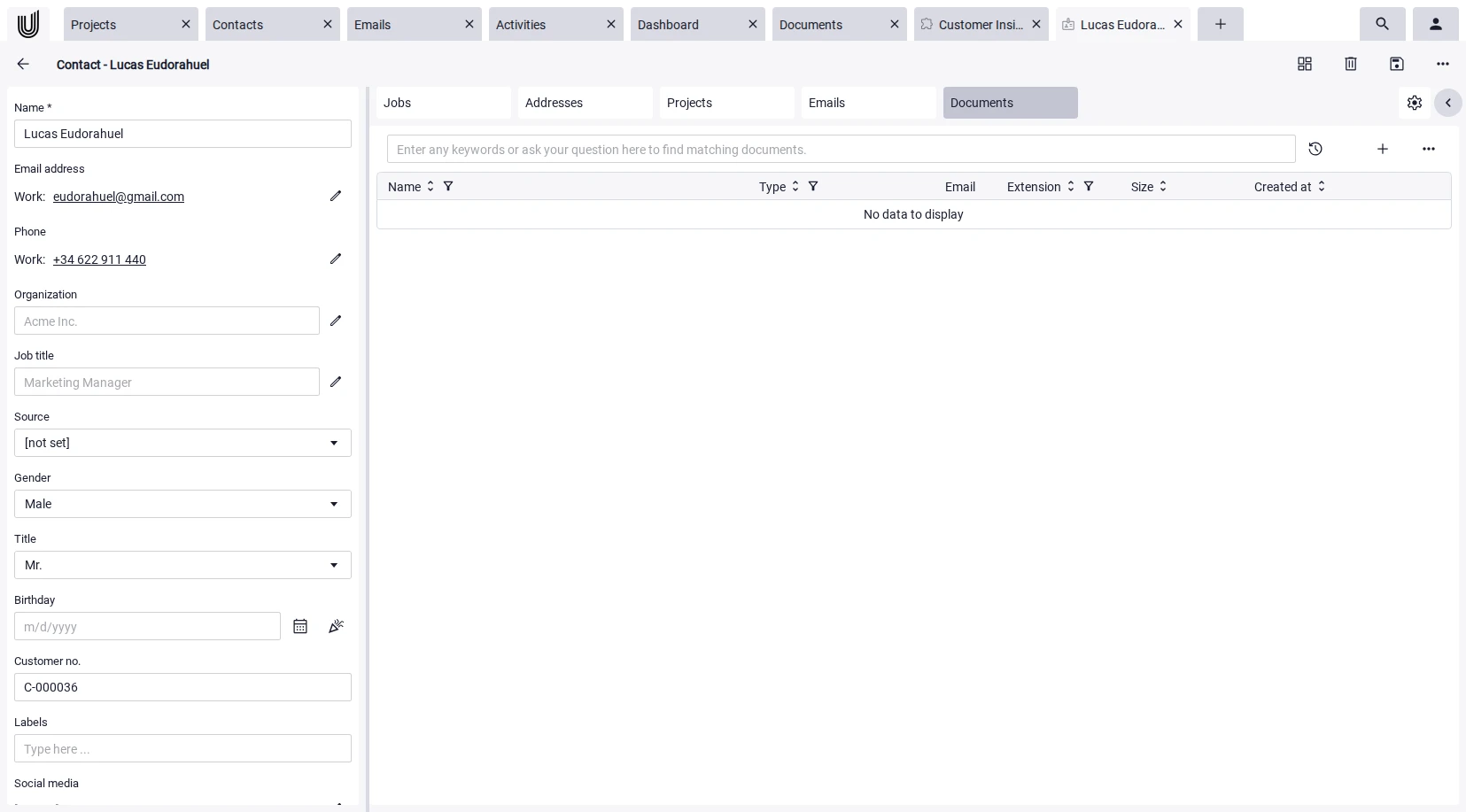 Screenshot of the document history on the contact record in the CRM of Unusual Suite with contracts, quotes and versions
