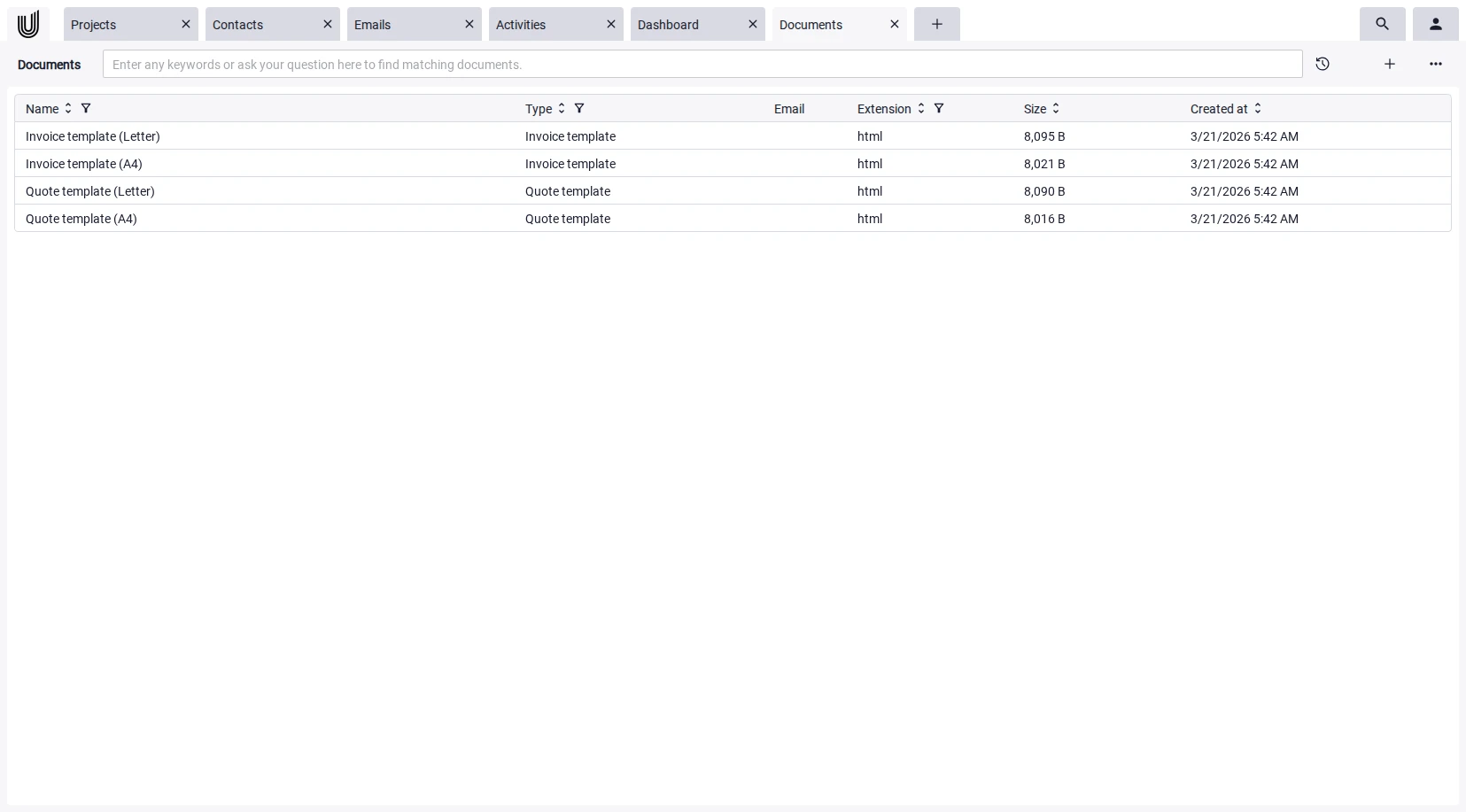 Screenshot of the central document overview in the Documents tab of Unusual Suite with Power-Grid and links to projects and contacts