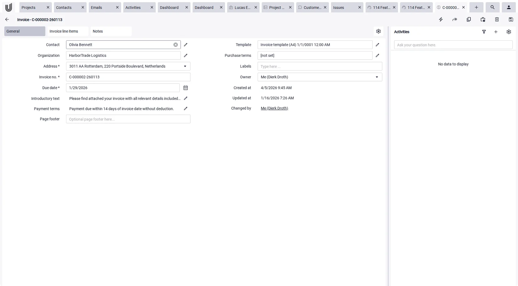 Invoice with line items from tracked project hours in Unusual Suite service business software.