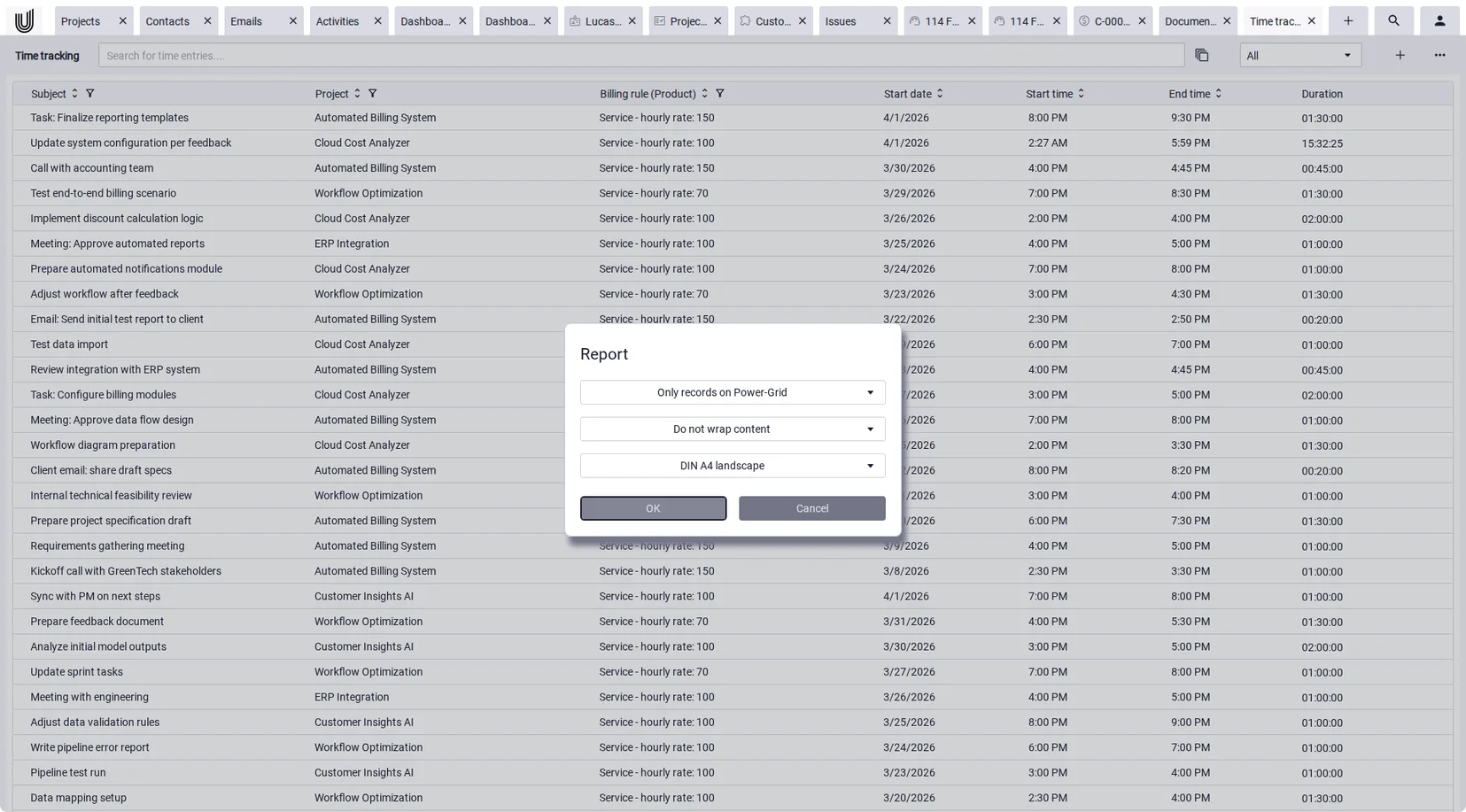 Project management timesheet software: a per-project time report in Unusual Suite.