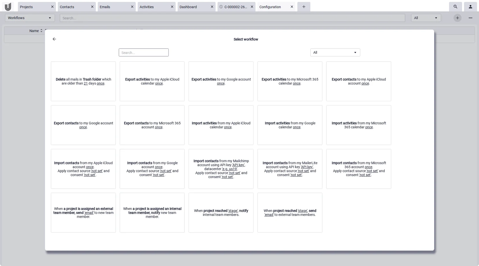 Template selection for import and export workflows in a workflow and document management system.